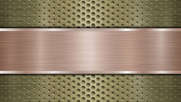 Background of golden perforated metallic surface with holes and horizontal bronze polished plate with a metal texture, glares and shiny edges - Vector, Image