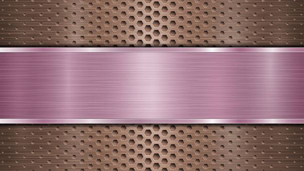 Fundo da superfície metálica perfurada de bronze com furos e placa polida roxa horizontal com uma textura metálica, clarões e bordas brilhantes
 - Vetor, Imagem