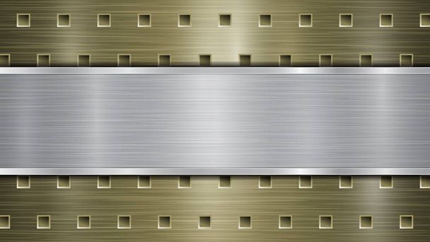 Altın delikli metalik yüzeyin arka planı deliklerle ve metal desenli, parlak kenarlı gümüş yatay plakayla - Vektör, Görsel