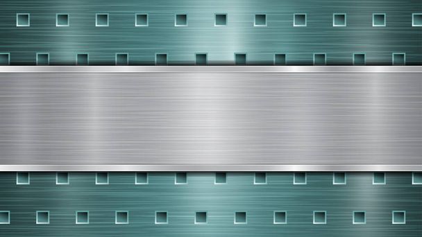 Fond de surface métallique perforée bleu clair avec trous et plaque horizontale argentée polie avec une texture métallique, des reflets et des bords brillants
 - Vecteur, image