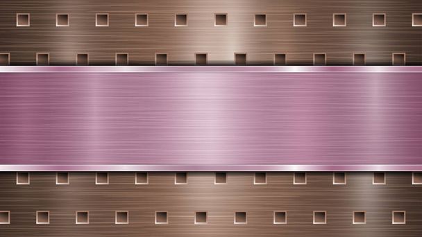 Fond de surface métallique perforée en bronze avec trous et plaque polie violette horizontale avec une texture métallique, des reflets et des bords brillants
 - Vecteur, image