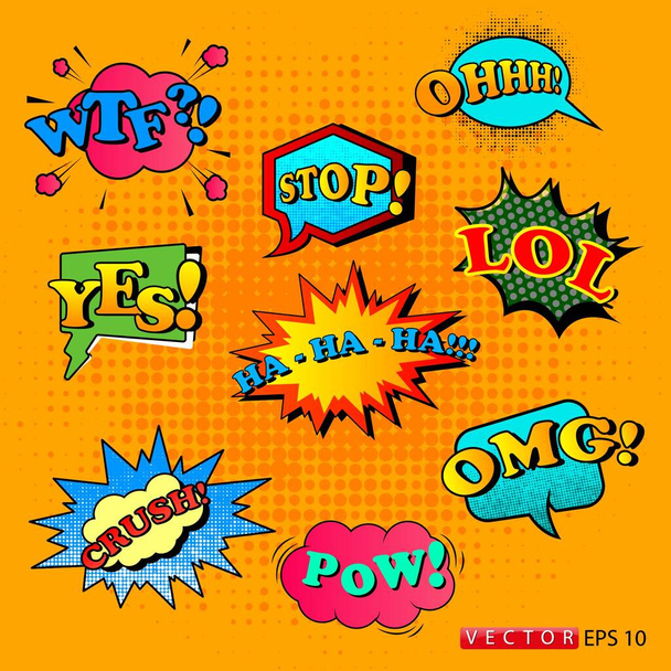 Ensemble de texte comique, style Pop Art. Stickers en différents formats et couleurs. SPE 10
. - Vecteur, image