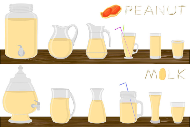 Velká sada různých typů skla, arašídové mléko v džbánech různé velikosti. Skleněné výrobky sestávající z organických plastových džbánů na tekuté burákové mléko. Sklenice s burákovým mlékem, stojící na dřevěném stole. - Vektor, obrázek