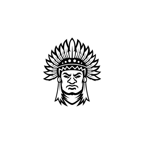 inspiration nordamerikanischer Indianerhäuptling mit traditioneller Federkopfbedeckung schwarz-weißes Vektorporträt - Vektor, Bild