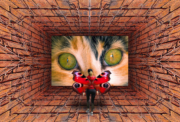 Καλειδοσκοπική κλίση 3D άποψη της παλιάς σήραγγας με πεταλούδα κορίτσι, τοίχο από τούβλα, ξηρό κισσό και τα μάτια γάτα - Φωτογραφία, εικόνα