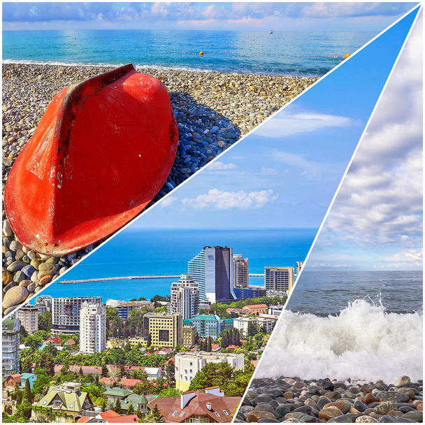 Collage de imágenes brillantes de Sochi y paisajes del Mar Negro en Rusia con barco rojo
 - Foto, Imagen