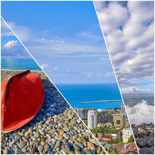 Collage of bright pictures of Sochi and Black Sea landscapes in Russia with red boat - Photo, Image