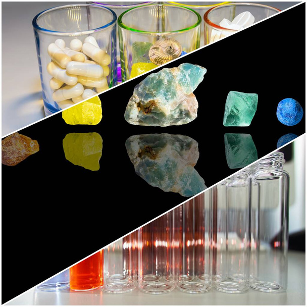 Collage immagini sullo sviluppo scientifico di farmaci, pillole e vitamine in laboratorio
 - Foto, immagini