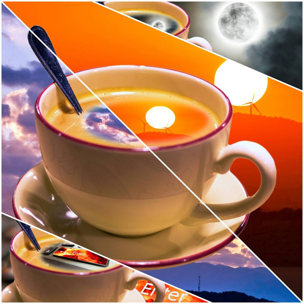 Collage di tazza di caffè in ceramica con gustosa schiuma e immagini ambientali
 - Foto, immagini