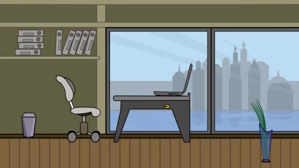 There is a laptop on the table. Office chair rolls out. A spider crawls and weaves a web. A computer cover crushed an insect. A parody of lazy people. Animation. - Footage, Video