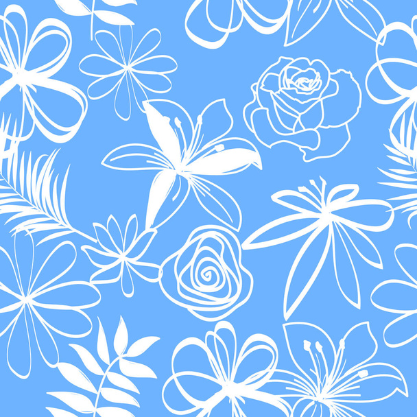 Seamless vector pattern abstract flowers and tropical leaves on blue background for textile, wallpaper - Vektor, obrázek
