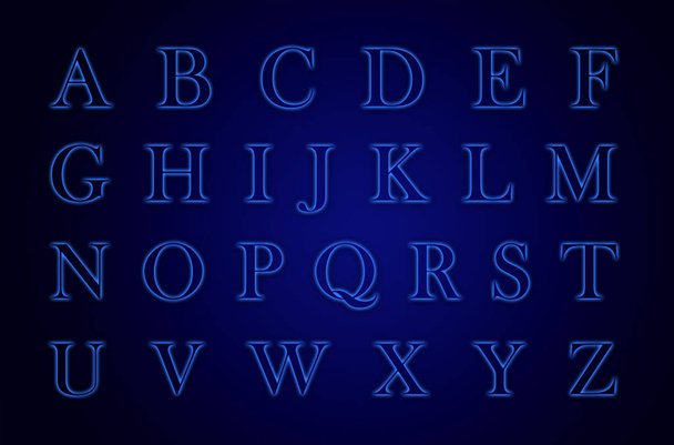 Świecący neonowy alfabet z literami od A do Z. Trend kolor 2020 roku - niebieski. - Zdjęcie, obraz