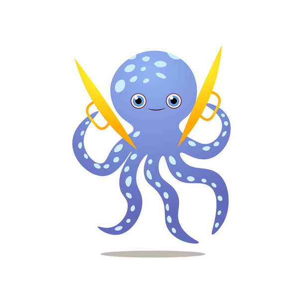 Cute smiling blue octopus play at gold cymbals - Vettoriali, immagini