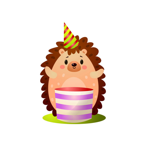 Happy forest hedgehog haves birthday party with big cake - Vektor, obrázek