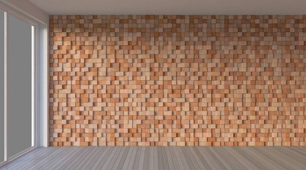 立方木製の壁とインテリアリビングルームの3Dレンダリングイメージ。ウィンドウ表示｜mokup - 写真・画像