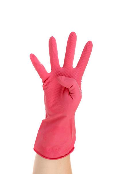 Hand shows four in red rubber glove. - Foto, Bild