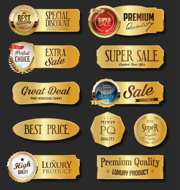 Golden sale labels collection on black background - Διάνυσμα, εικόνα