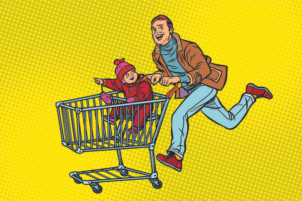 dad and son are on sale. shopping cart shop trolley. Pop art retro vector illustration vintage kitsch - Вектор, зображення