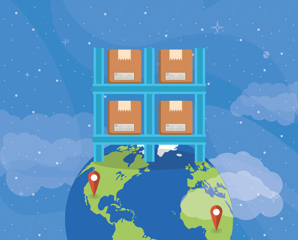 shelving with boxes packing in world planet postal service - Vector, Image