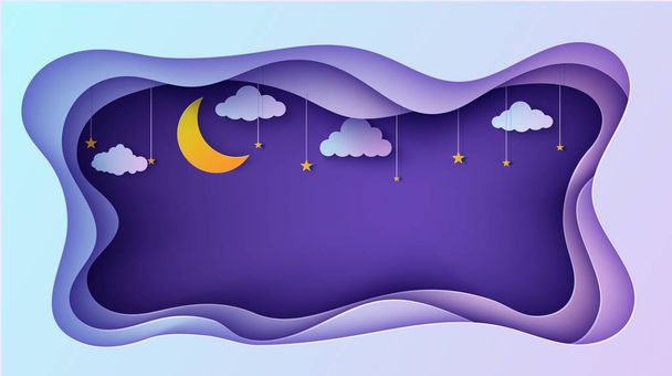 Night sky rectangular frame with stars and clouds on rope and moon crescent in paper cut style. Cut out 3d background papercut art, fairy tale vector card illustration for wish good night sweet dreams - Vector, Image