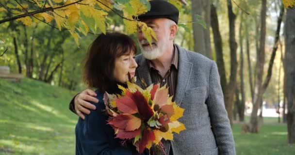 An elderly and happy couple are smiling and hugging in warm weather in a cozy autumn city park. Senior woman with leaves and man enjoy spending time outdoors among the trees. Leisure after retirement. - Footage, Video