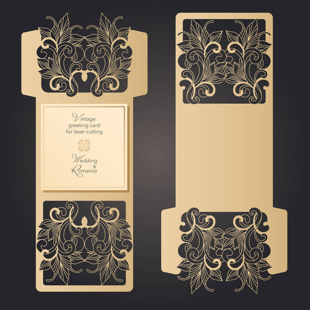Floral pattern for laser paper cutting. Openwork design of an envelope, card, cover for a wedding - Vettoriali, immagini