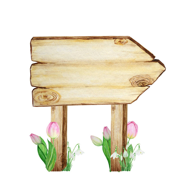 水の色木製の看板、春の花の装飾で隔離された空のブランク。ヴィンテージ古い、レトロな手は木のバナー、板、板を描いた。テキストのためのスペースとイラスト。メッセージのサイン - 写真・画像
