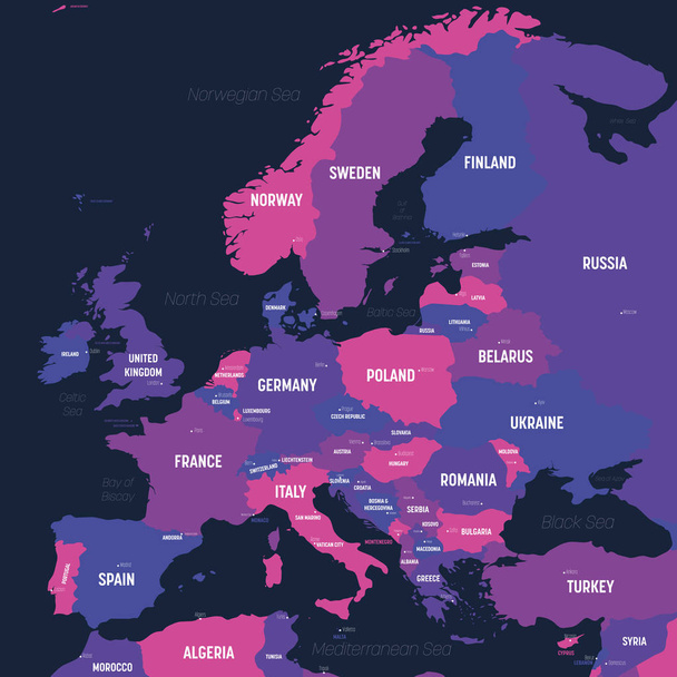Χάρτης Ευρώπης. Υψηλός λεπτομερής πολιτικός χάρτης της ευρωπαϊκής ηπείρου με σήμανση ονομάτων χώρας, κεφαλαίου, ωκεανών και θάλασσας - Διάνυσμα, εικόνα