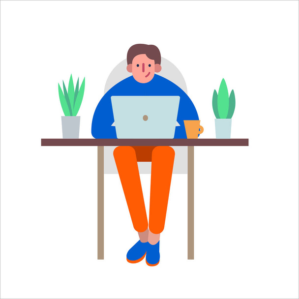 Jongeman werkt op zijn laptop en planten om hem heen werkplaats. concept perfecte werkruimte - Vector, afbeelding