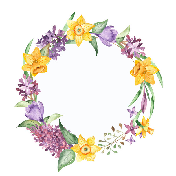 ダフォジル、クロッカス、ライラックの花や葉。水彩画の花輪 - 写真・画像