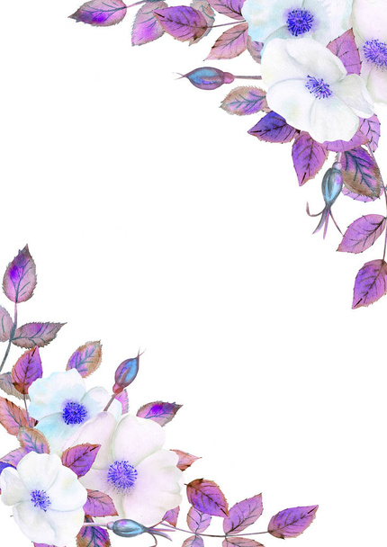 Weiße Hagebuttenblüten, Blumenarrangement in einem geometrischen Rahmen. Blumenposter, Einladung in violetten Tönen. Aquarellkompositionen zur Dekoration von Grußkarten oder Einladungen. - Foto, Bild