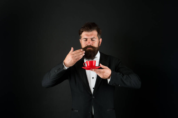 Relax concept. Preparing caffeine beverage using coffee machine. Cafe equipment shop. Serving perfect espresso. Man bearded hipster drinking coffee. Drinking coffee. Businessman enjoy coffee break - Foto, immagini