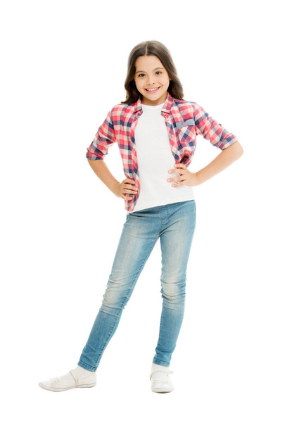 Loving her new style. Happy child in casual style isolated on white. Fashion and style. Fashion look of vogue model. Beauty and look. Her look always going to be in style - Fotografie, Obrázek
