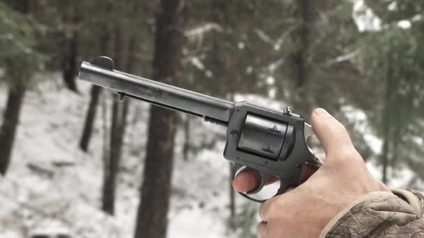 Persona apunta y dispara su pistola al aire libre en el bosque durante el invierno, filmado a 1 / 2 velocidad, cámara lenta
. - Metraje, vídeo