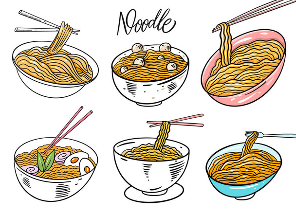 Asia Noodle hand drawing vector example set Розташований на білому тлі. Картуновий стиль.. - Вектор, зображення