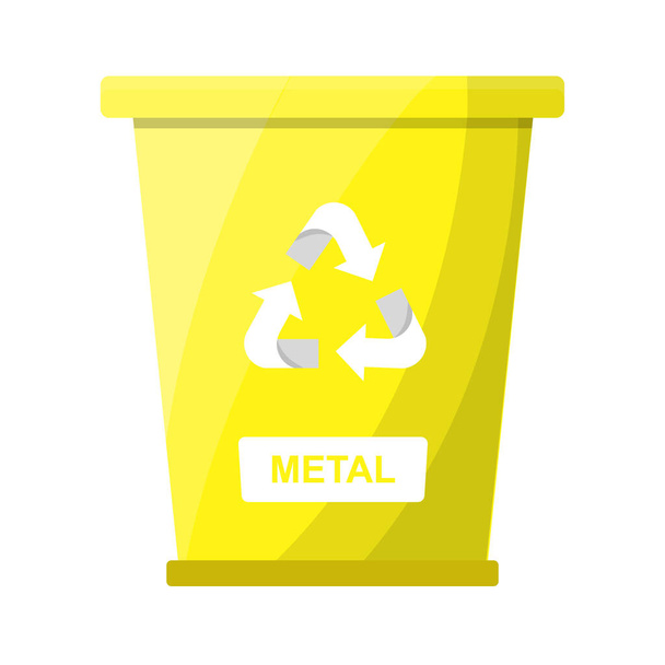 Garbage Waste Sorting Metal Recycle Bin Yellow Color Flat Vector Illustration White Background - Vector, Image