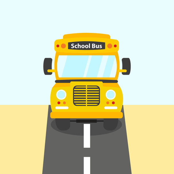 School Bus Yellow Color On Street Vector Illustration Flat Design - Vector, Image