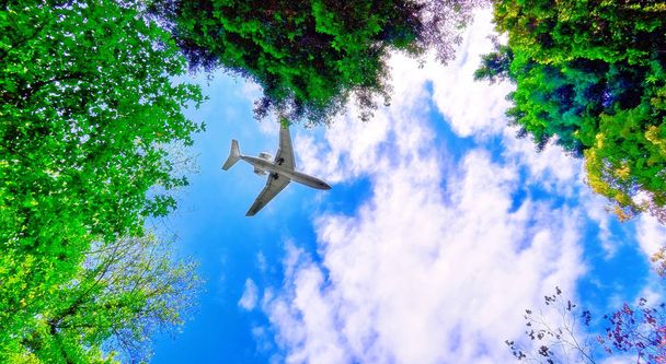 Широкоугольный обзор полета самолета в облачном небе
 - Фото, изображение