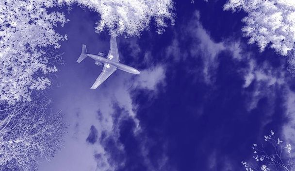 Яскравий широкий кут зору польоту літака в хмарному небі
 - Фото, зображення