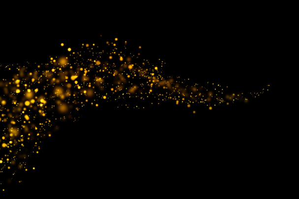 Goldenes Licht-Bokeh und abstraktes Glitzern auf dunklem Hintergrund. Funkelnde Staubpartikel. - Foto, Bild