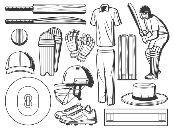 Kriket sportovní hry ikony s vektorovým míčem, netopýři a branky, pálkař hráč, přilba a týmová uniforma, rukavice, hřiště s hřiště a záhyby, podrážky nohou, špičaté boty, sluneční klobouk a čepice. Sportovní vybavení - Vektor, obrázek
