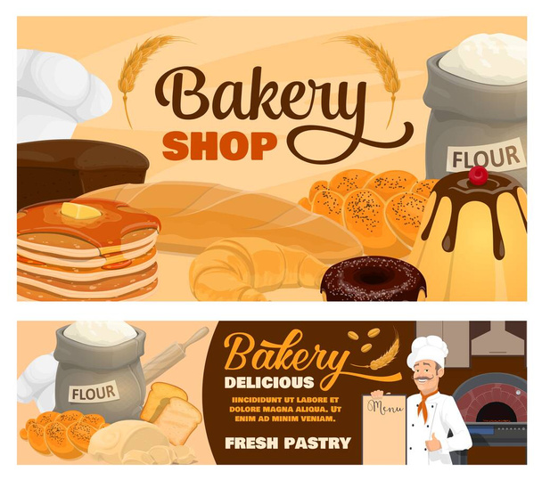 Panadería banderas vector tienda de pan, pasteles y panadería con menú. Baguette de trigo, croissant francés y donut, tostadas de centeno, pastel y pudín, panqueques, bolsa de harina y masa con espigas de trigo y sombreros de panadero
 - Vector, imagen