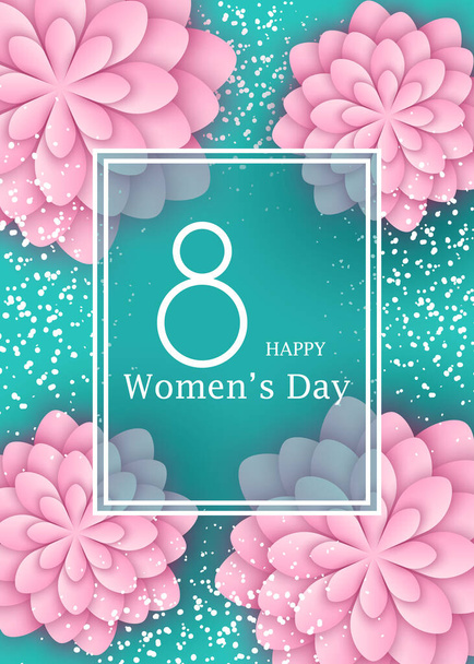 Abstract Pink Floral Greeting card - International Happy Women's Day - 8 March holiday background with paper cut Frame Flowers. Trendy Design Template. Vector illustration. - Vector, Image