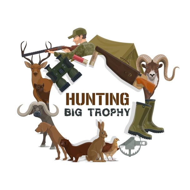 Κυνηγοί, κυνηγετικά όπλα και τουφέκια, σκύλοι και ζώα - Διάνυσμα, εικόνα