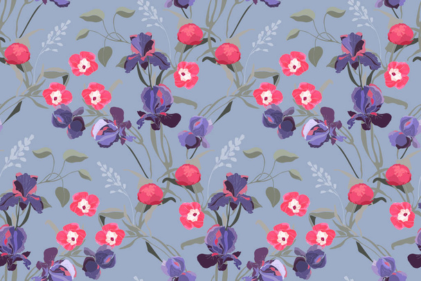Art floral vector seamless pattern. Pink ipomoea, peony, purple iris flowers, pale green branches, leaves isolated on grey-blue background. Tile pattern for fabric, interior textile, card. - Vektor, obrázek