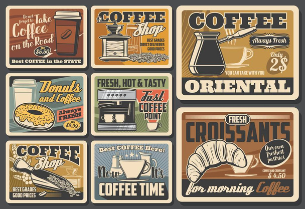 コーヒーカップ、エスプレッソマシン、豆とクロワッサン - ベクター画像