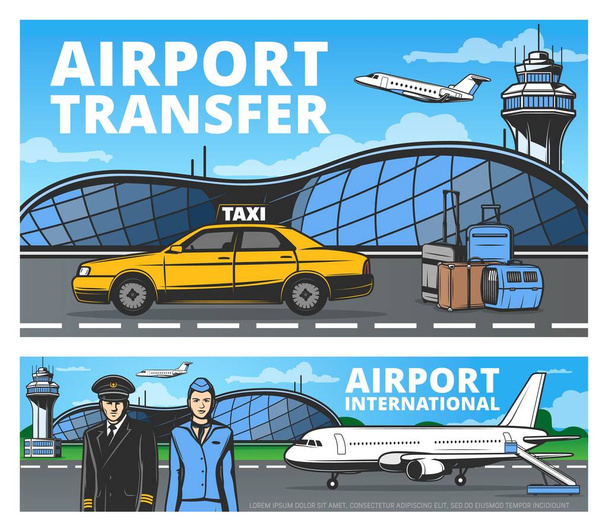 Luchthaven, vliegtuig op landingsbaan, piloot en stewardess - Vector, afbeelding
