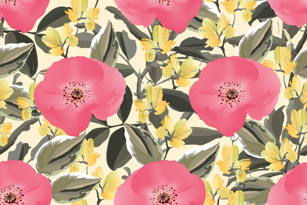 Art floral vector seamless pattern. Pink poppies, yellow flowers, green wriggling flowering bean stalks isolated on white background. Tile pattern for wallpaper design, fabric, textile, paper. - Вектор, зображення