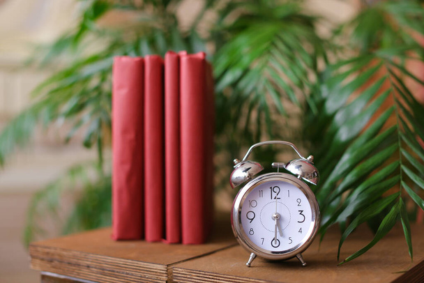 Red stylish photo albums stnding near clock and houseplant on table. - Photo, Image
