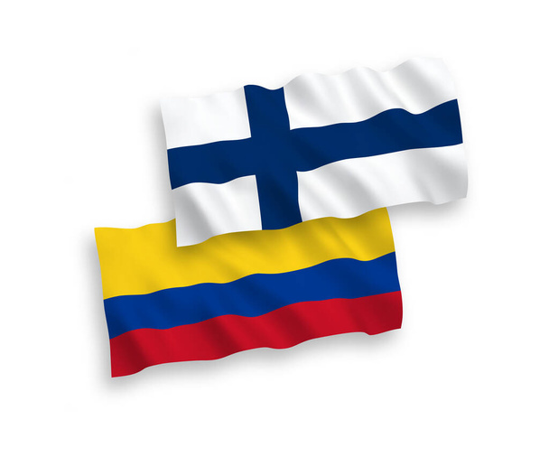 Narodowe flagi wektorowe fal tkanin Finlandii i Kolumbii izolowane na białym tle. Proporcja 1 do 2. - Wektor, obraz